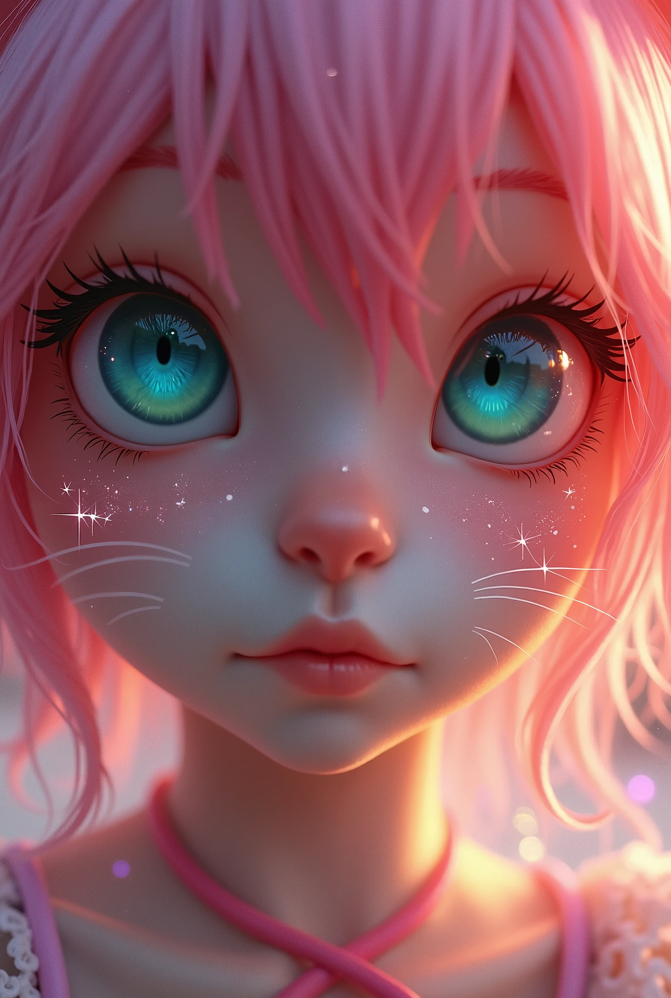 (Close-up of a better masterpiece: 1.5) 0.9], (catgirl: 1.2) (Messy pink hair: 1.1) (Heterochromia xanthochromia and blue and green eyes: 1.2) ( cat ears: 1.0) (Colored stars in the eyes: 1.0) (A radiant glow: 1.1) (thick lips: 0.9)