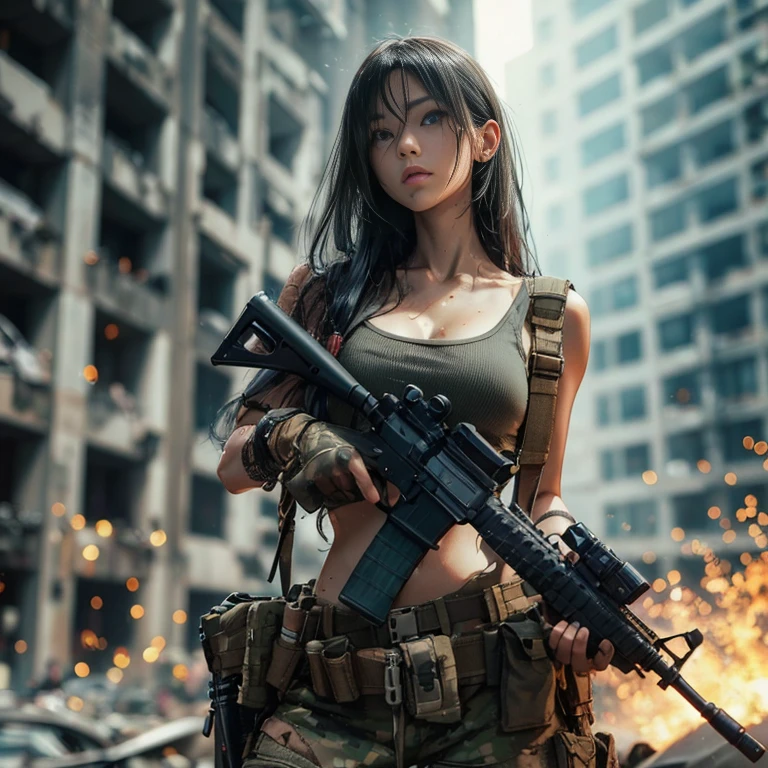 ut dirty face by dust, Beautiful Japanese girl with long hair wearing a khaki tank top & military camouflage desert pants, tactical suit & Military belt loaded with weapon accessories. & parts, cold and intense gaze, Posing in the battlefield of the city ruins., Distopia under siege smoke film background, ultrarealisticな写真,(((long black hair))), action pose, blue eyes, sweaty, moist skin & face, Skin texture pores, injured, torn clothes, battle scars, Beautiful Japanese girl, Black hair waving in the wind, (8k, High resolution,super high quality, ultra high definition, ultrarealistic, of the highest quality, masterpiece:1.2), big breasts, Clothing that always shows through the nipples, Properly carrying a tactical rifle、Train to have your weapon fully loaded and ready to attack, Combat Mode Gestures, eyes visible through hair, proper eye position, cinematic light, luz outfit, waist, detaileded color graded background, complex, highly detaileded, 8k, General silhouette, Spectacular daytime battlefield scene, high detaileded, wallpaper quality, excellent anatomy, correct body, thousand & Finger Anatomy (roller:addition_detailed:0.8) hyper realistic scenery moment detailed sharp, Fujifilm XF 56mm f/1.Lens 2 R. HDR10 8k