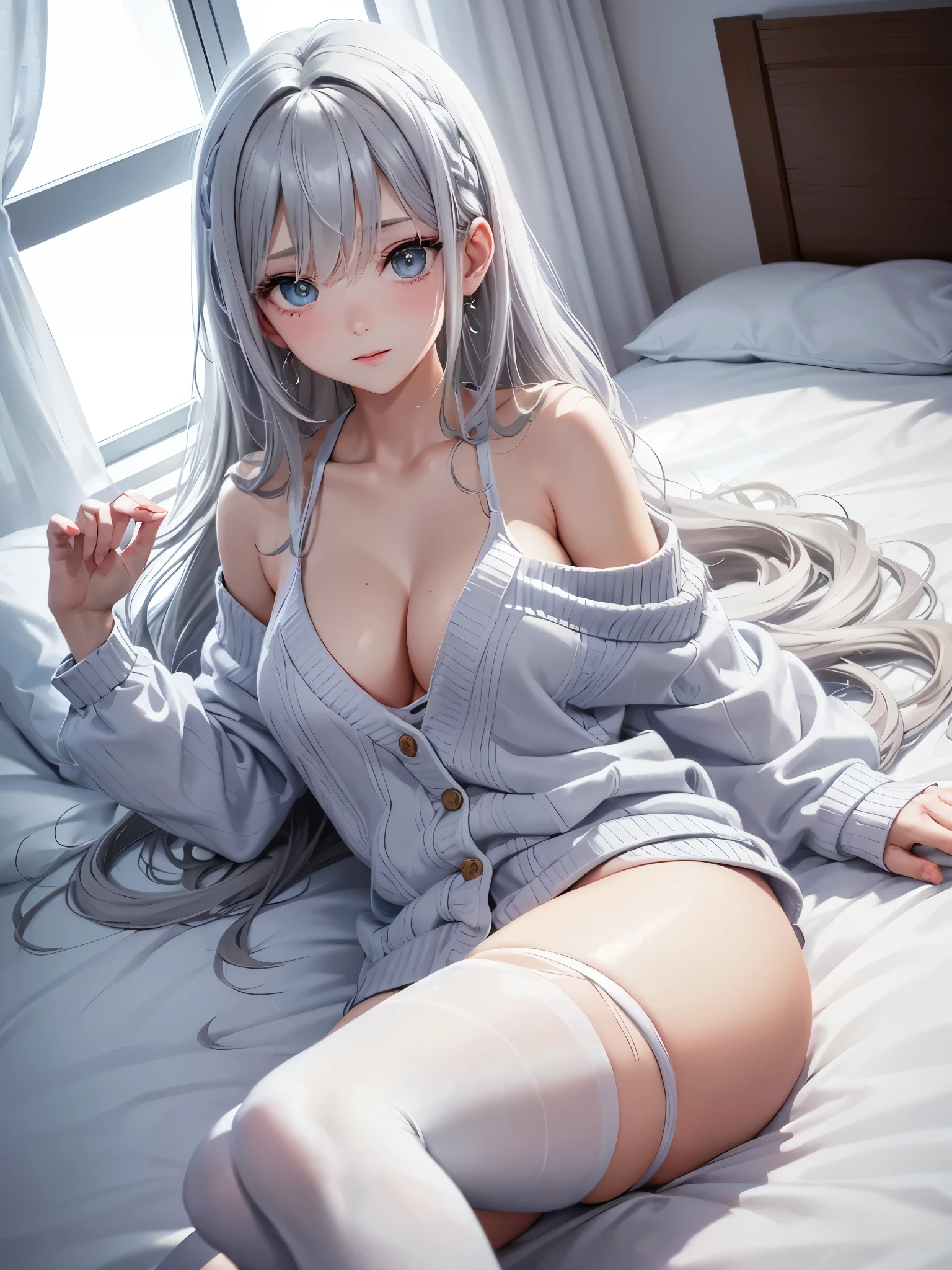 Character Details:, - Gender: 1Girl.
- Style: Anime, - Body Type: Attractive body, nice body, nice legs, slim tights, nice arms, nice shoulders. - Breast: (Cleavage, Breast:1.2)- Facial Feature: Beautiful, Gorgeous, ager, Fresh, Young.
- Expression: Small smile, shy Look, (blue pink gradient eyes). - Hairstyle: Blunt Bangs. - Hair Color: (White Grey Hair:1.5), (Straight and Wavy Long Hair:1.3),
- Clothing: (cardigan shirt, sweater). - Body Pose: (lying, sleep on bed:1.3) (hands up). - Behaviour: Waiting, Want Something, Secretly.
- Accessories: Earrings, Thin Black Headband, Green Accessories, Environmental Details:, - Setting: Bed Room., - Lighting: Natural Light., - Decoration: Modern Bed, Chair, Window, White Curtain, City View. Top view. pov, anime style, UHD, retina, masterpiece, accurate, anatomically correct, textured skin.