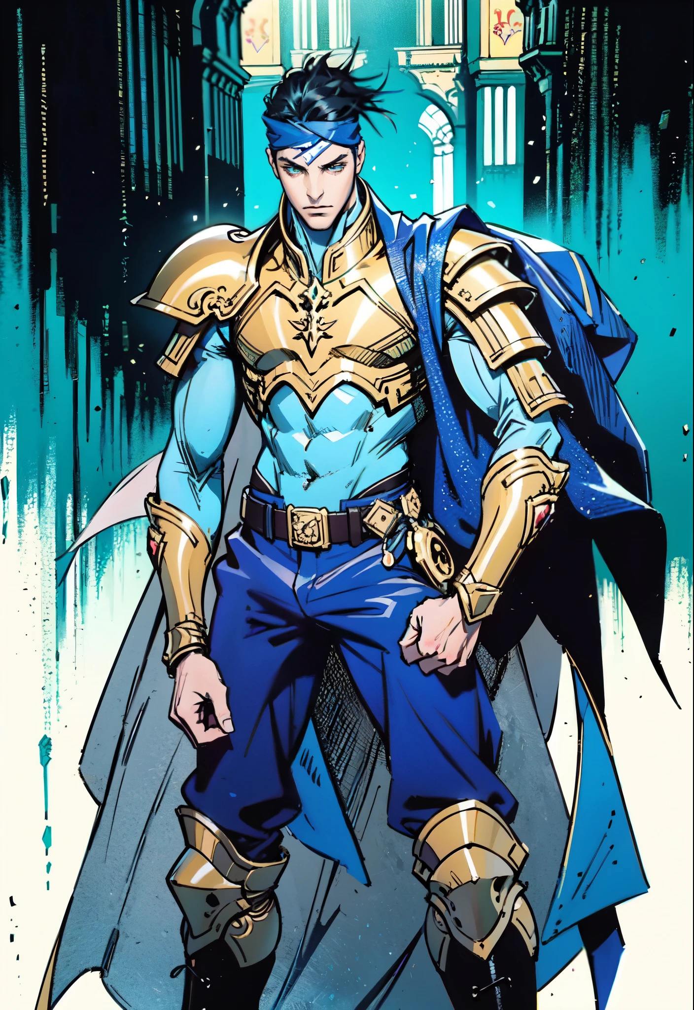 (masterpiece:1.2, best quality:1.2, extremely delicate:1.2), ((male:1.5)), a middle-aged man with short dark blue hair, a green headband tied around his forehead, sharp eyes, a heroic face, long sideburns, a long beard on his chin, a confident expression, a tall and muscular build, a fantasy-realist style short-sleeved coat, with a white and green form-fitting chest armor underneath, a flowing cape hangs from his right shoulder, heavy iron wrist guards, his belt is connected to small skirt armor plates, coarse cloth trousers, long boots that include shin guards, stands like a guardian in front of a city gate, this character embodies a finely crafted fantasy-realist style warrior in anime style, exquisite and mature manga art style, dramatic, high definition, highres, ultra-detailed, ultra-fine painting, professional, perfect body proportions, golden ratio, anatomically correct, symmetrical face, extremely detailed eyes and face, high quality eyes, creativity, RAW photo, UHD, 32k, Natural light, cinematic lighting, (masterpiece-anatomy-perfect:1.2)