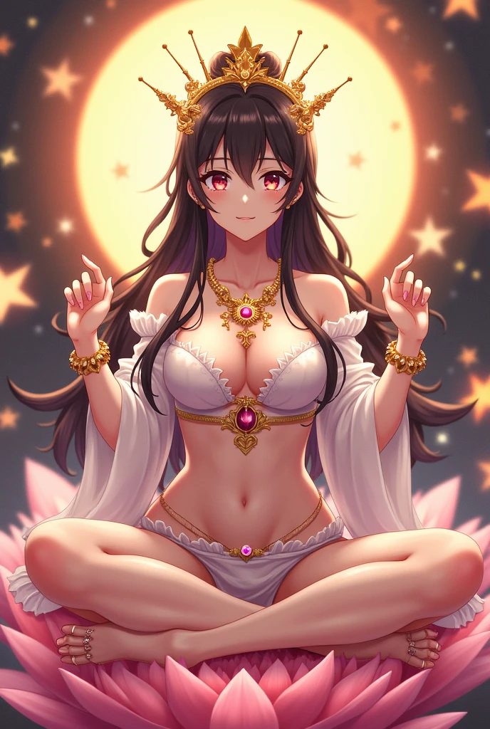 Ultra-high resolution, Attention to detail, Highest quality, (((女god))), (Glamour body, Big Breasts, Full lower abdomen), Japanese Manga, Anime Style, Baby Face, The eyes are large, Full body portrait, Shiny black hair, Mizura, See-through feather robe, Rings on the wrists and ankles, A necklace studded with jewels, Beautiful golden crown with decorations, god々New Background, Multiple lights dance in the air, Making a ring with the thumbs and index fingers of both hands, Sitting cross-legged, Sitting on a lotus flower