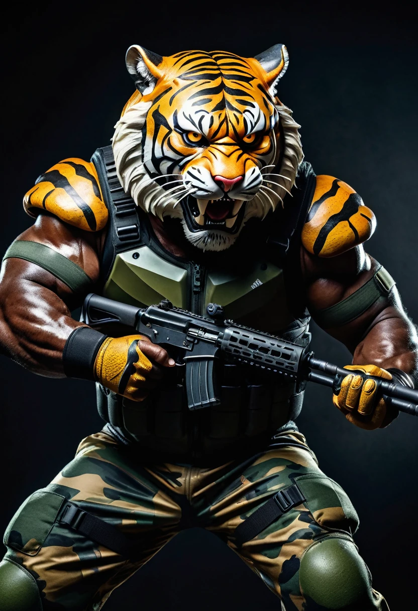 (a dark-skinned fat muscular old man in a bulky army camouflage zipper diver suit) carrying a gun, (wearing realistic roaring tiger mask), dynamic action pose, fierce expression, showcasing an imposing stature, surrounded by military elements, dramatic shadows and intense highlights, cinematic color tones, high detail, powerful, art influenced by Bruce Onobrakpeya and Stanley Artgerm, ultra-detailed, best quality image, action-packed atmosphere. fighting stance