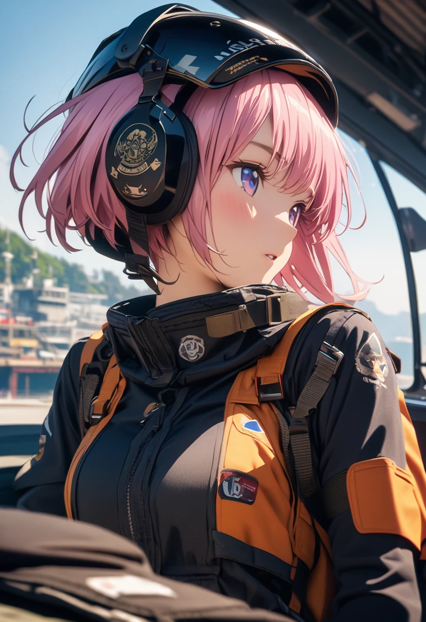 (Highest quality, 4K, 8k, High resolution, masterpiece:1.2), Very detailed, Picturesque, Anime style photo, Photo Anime:1.37)、Japanese、(Pink hair)、(pixie cut)、Aircraft carrier deck、Black choker、fighter pilot suit、She has a pilot helmet with a single fleur-de-lis on it.、Panoramic view、Nakano Ichika