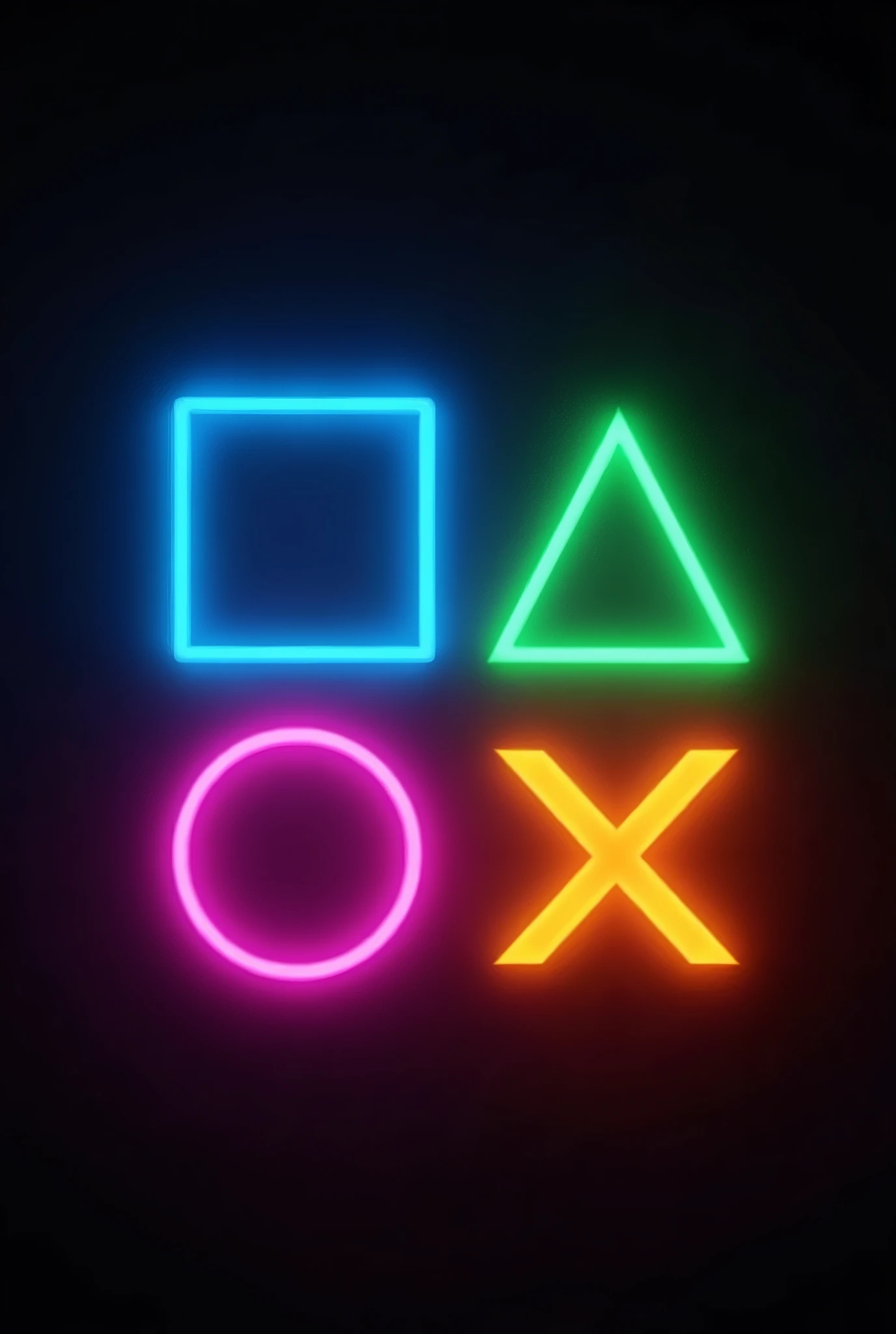"Create a vibrant neon-themed image featuring four geometric shapes on a dark background. The shapes include a square, a triangle, a circle, and an 'X.' Each shape should glow in bright neon colors like electric blue, neon pink, bright green, and vivid orange. The shapes should be evenly spaced and centered in the image, with a soft neon glow around them to enhance the overall vibrant and dynamic effect."