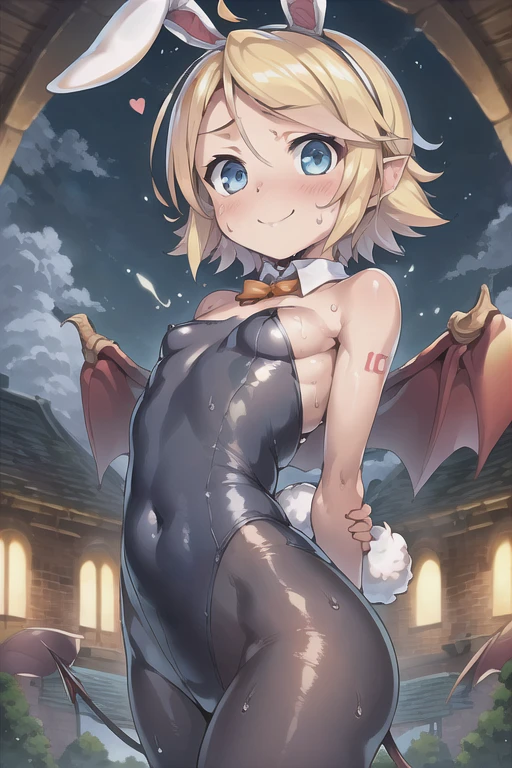 (((masterpiece))), ((Highest quality)), (Very detailed), ((High resolution)), ((8k)), ((Anatomically correct)), A very cute person, , (Young face), (Small breasts), (Kagamine Rin), Short Hair, Blonde, Letting down your bangs, (Short), (Petite), Charming smile, Light blue eyes, Best moment, Delicate arms, Detailed skin texture, Intricate details, Very detailedな顔, Beautiful thighs, Beautiful curves, (Sweating), ((Bunny Suit)), ((With devil's wings on my back)), Looking up, Under the night's canopy, Love your audience, (heart), The whole body is visible, You're inviting your audience, (They have a devil's tail growing out of their butt.,) 