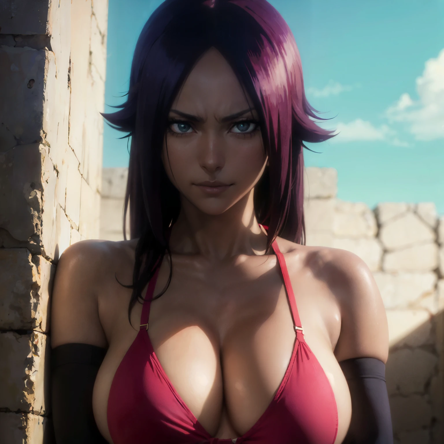 (masterpiece), best quality, expressive eyes, perfect face, yoruichi shihouin, dark skinned women from bleach , 30 year old women, facing towards screen parted lips feminine figure body wearing short undies and bikini , beautiful expressive eyes , 4k backlighting, smirky face , sexy posing near wall
