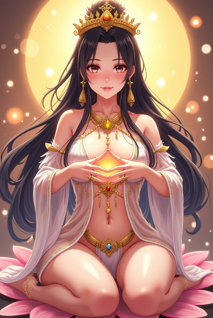 Ultra-high resolution, Attention to detail, Highest quality, (((女god))), ((Glamour body, Voluptuous, Big Breasts, Full lower abdomen)), Japanese Manga, Anime Style, , The eyes are large, Full body portrait, Shiny black hair, Mizura, See-through feather robe, Rings on the wrists and ankles, A necklace studded with jewels, Beautiful golden crown with decorations, god々New Background, Multiple lights dance in the air, Making a ring with the thumbs and index fingers of both hands, Sitting cross-legged, Sitting on a lotus flower