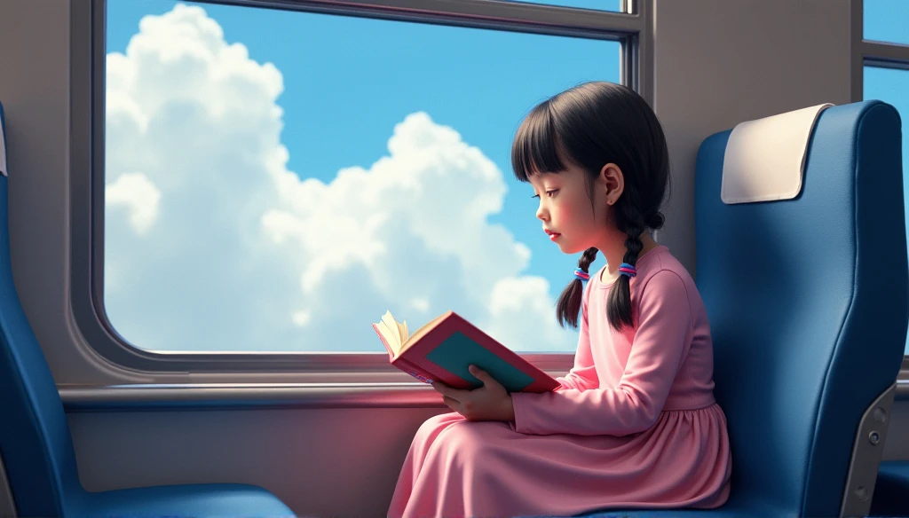 Blue sky and white clouds Rooftop edge Little girl sitting reading a book Floor plan composition