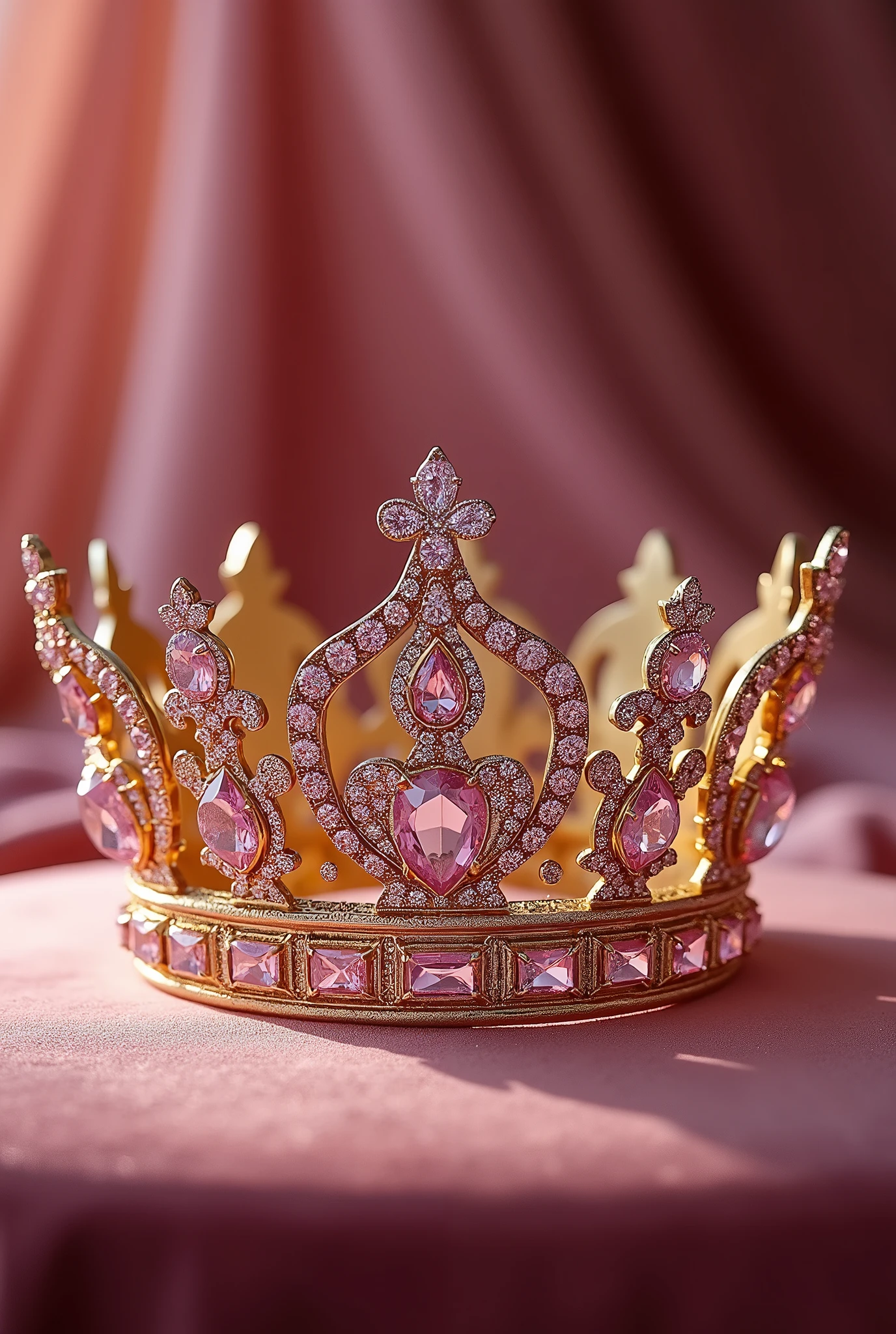 Create a picture of a golden crown with high quality pink diamonds, elegant and delicate.