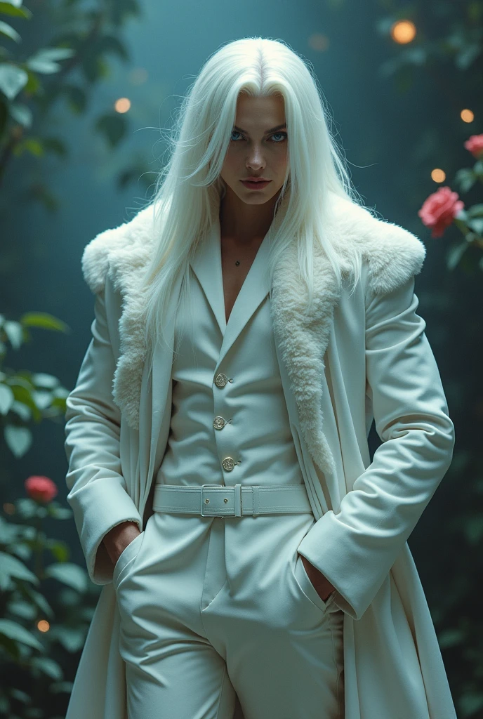 masterpiece, highest quality, (solo focus), (perfect face:1.1), (high detail:1.1), (hyper detailed eyes), dramatic, a guy with pale skin and long voluminous white hair, white eyes, solo, long hair, Sephiroth, moon, night, white luxury suit, covered navel, pouty lips, fur, arrogant expression, Rose Garden, detailed background, art by artgerm, cinematic lighting, roses, fashion, BalenciagaStyleMale patient on operating table、Female doctor performing abdominal dissection 2、（Sadistic female doctor opening her laparotomy:2）、Female doctor with scalpel for surgical surgery、Devilish Smile, Look at viewers