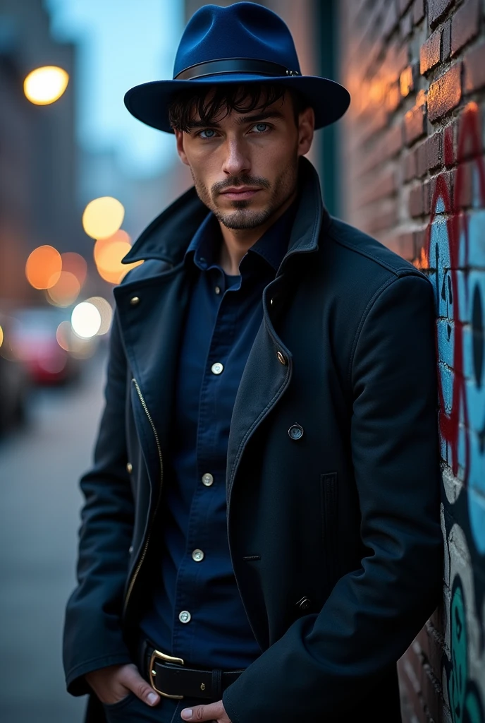 A dark-haired guy with blue eyes, in a blue hat, short-cropped with sharp features and brutal