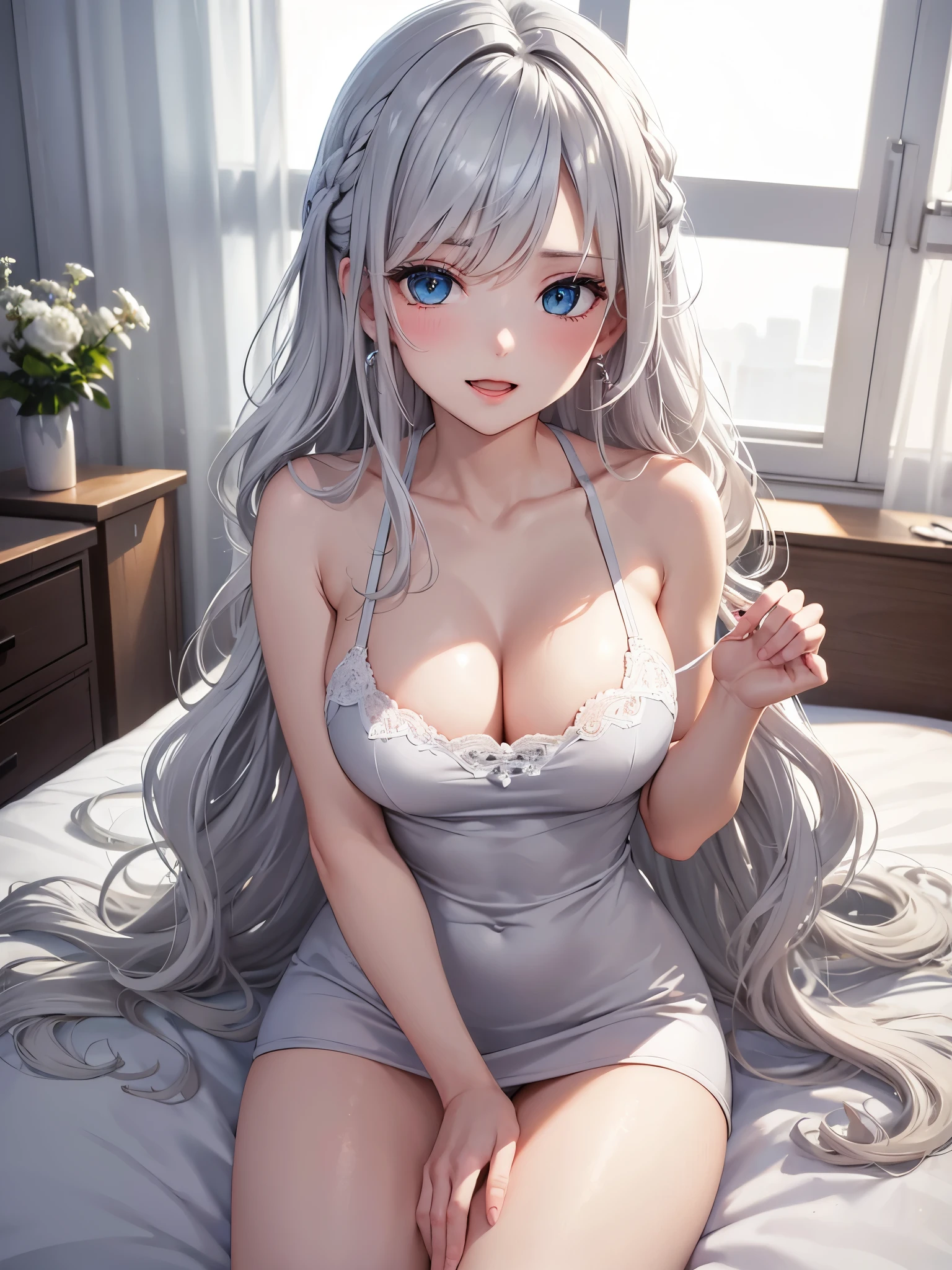 1Girl. Anime,Attractive body, nice body, nice legs, slim tights, nice arms, nice shoulders. (Cleavage, Breast:1.2). Beautiful, Gorgeous, ager, Fresh, Young. blue eyes. - Hairstyle: Blunt Bangs. - Hair Color: (White Grey Hair:1.5), (Straight and Wavy Long Hair:1.3) shirt, sweater. lying on bed, sleep on bed:1.3) Waiting, Want Something, Secretly. Earrings, Thin Black Headband, Green Accessories, Environmental Details:, - Setting: Bed Room., - Lighting: Natural Light., - Decoration: Modern Bed, Chair, Window, White Curtain, City View. Top view. pov, anime style, UHD, retina, masterpiece, accurate, anatomically correct, textured skin. High Resolution, Looking at viewer, Blush, Open Mouth, Best Quality, Award Winning, Accurate, Embarrassed, Seductive Smile, Moaning.