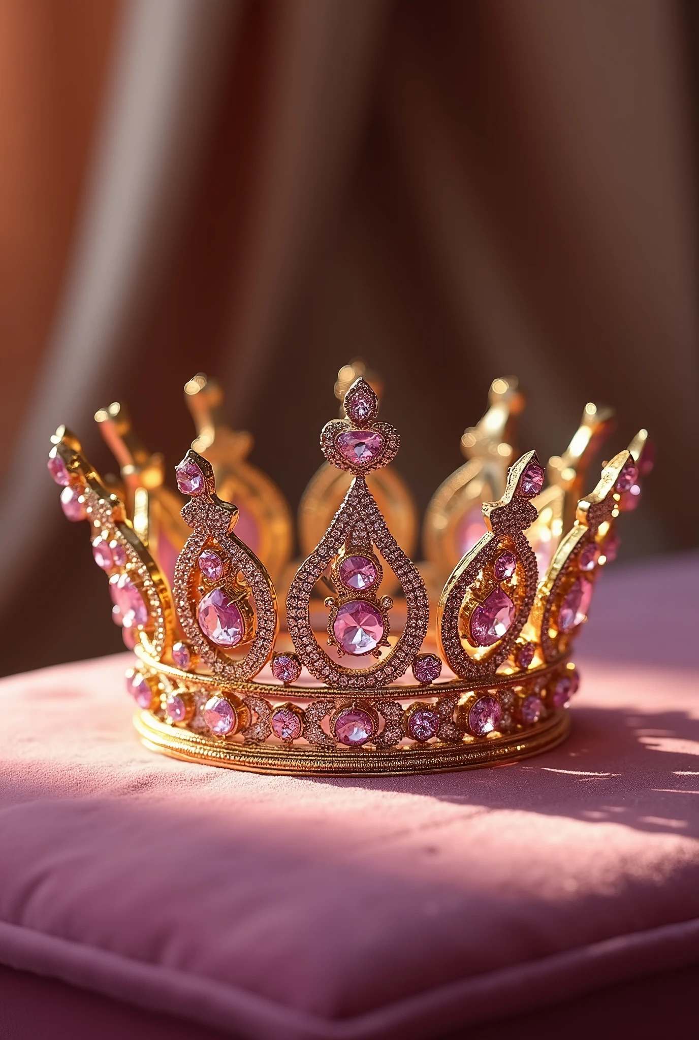 Create a picture of a golden crown with high quality pink diamonds, elegant and delicate. 