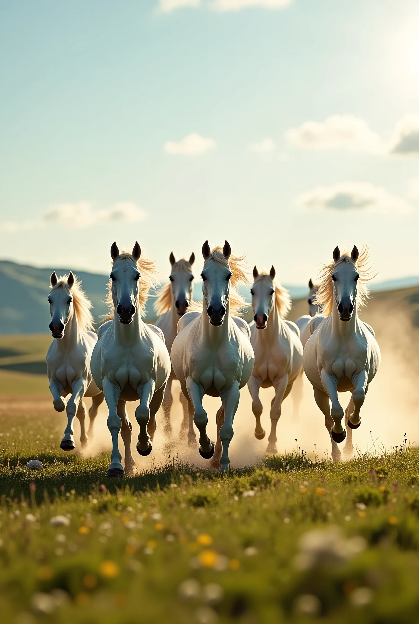 7 white horse running in group