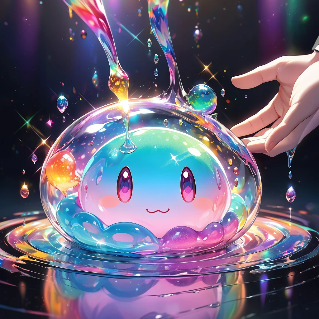 Slime, Completely melted jelly, Very transparent material, High viscosity, Elasticity due to surface tension, Fantastical iridescent core, Holographic sparkle reflections, Create an engaging impression on your audience