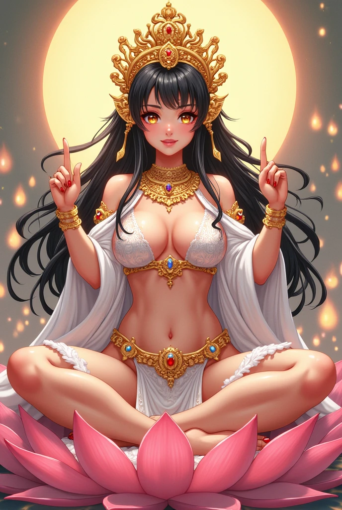 Ultra-high resolution, Attention to detail, Highest quality, (((女god))), ((Glamour body, Voluptuous, Saggy big breasts, Full lower abdomen)), Japanese Manga, Anime Style, Baby Face, The eyes are large, Full body portrait, Shiny black hair, Mizura, (See-through feather robe), Multiple rings on wrists and ankles, A necklace studded with jewels, Beautiful golden crown with decorations, god々New Background, Multiple lights dance in the air, Making a ring with the thumbs and index fingers of both hands, Sitting cross-legged, Sitting on a lotus flower