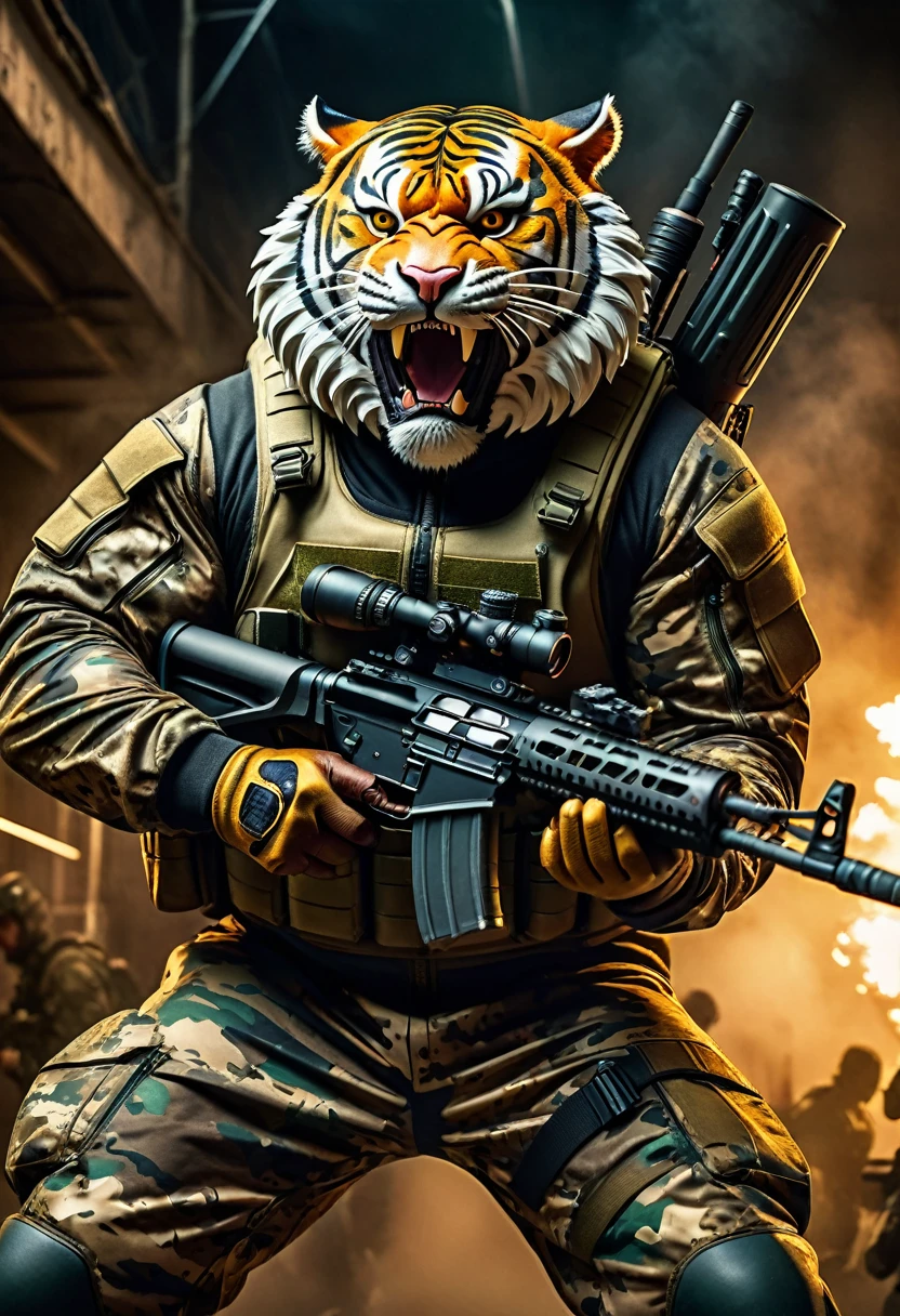 (a dark-skinned fat muscular old man in a bulky army camouflage zipper diver suit) carrying a sniper rifle, (wearing realistic roaring tiger mask), dynamic action pose, fierce expression, showcasing an imposing stature, surrounded by military elements, dramatic shadows and intense highlights, cinematic color tones, high detail, powerful, art influenced by Bruce Onobrakpeya and Stanley Artgerm, ultra-detailed, best quality image, action-packed atmosphere. fighting stance