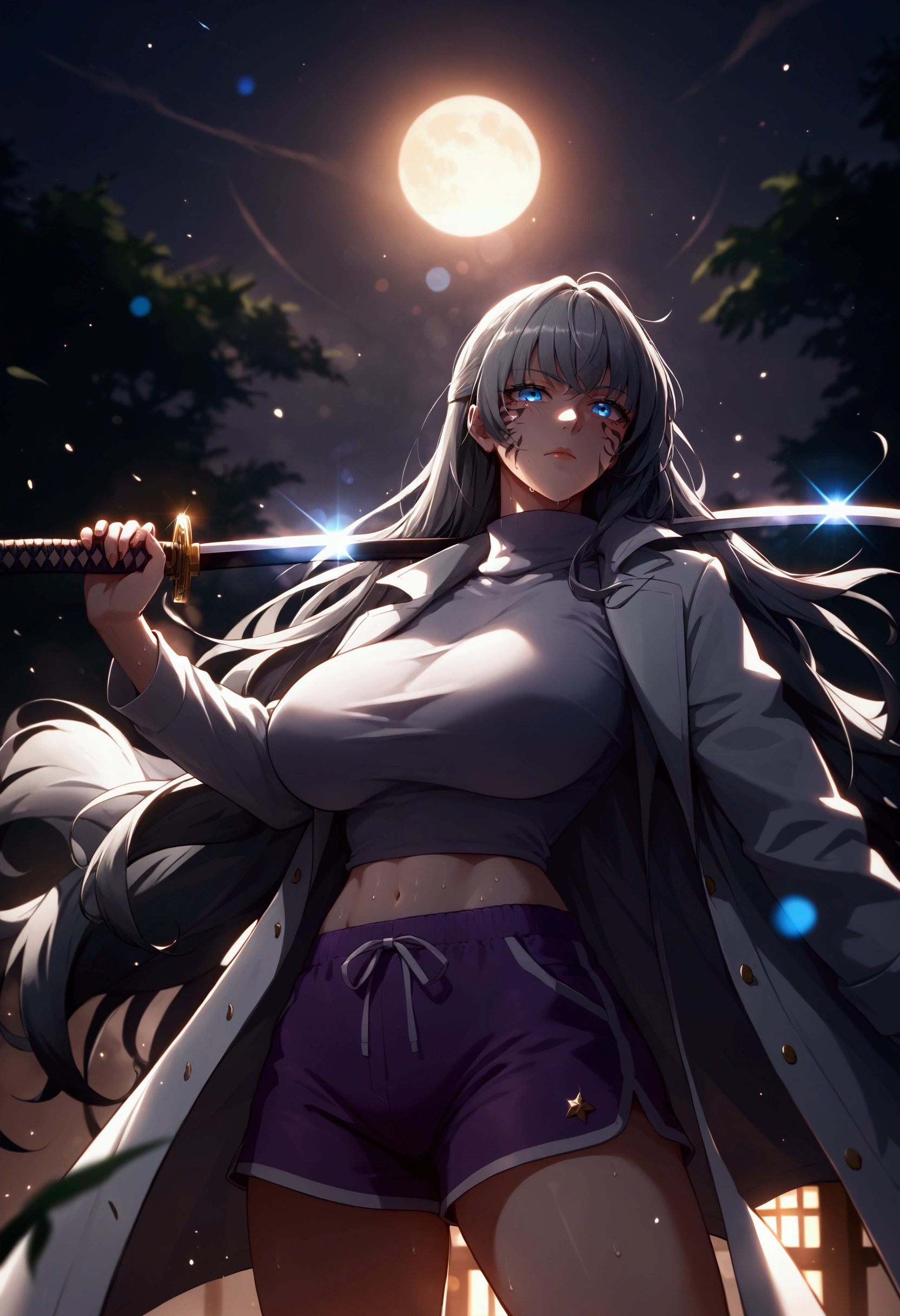 score_9, score_8_up, score_7_up, score_6_up, uncensored, facial tattoo, facial mark, blue eyes, long hair, grey hair, black hair, BREAK detailed eyes, (perfect hands, perfect anatomy), Anime Style, Manga Style, Hand drawn, cinematic, Sharp focus, humorous illustration, big depth of field, Masterpiece, concept art, trending on artstation, Vivid colors, Simplified style, trending on ArtStation, trending on CGSociety, Intricate, Vibrant colors, Soft Shading, Simplistic Features, Sharp Angles, Playful, excessive sweating, sweating profusely, sweating drop BREAK, huge breasts, shoes, dolphin shorts, sneakers, purple shorts, short shorts, coat, open coat, midriff peek, thighs, turtleneck, long coat, white coat, sweater, long sleeves, white sweater, bokeh, spotlight, holding, katana, holding katana, moon, moonlight, shimmering light,