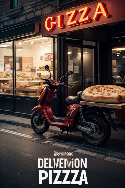 Background: The background should incorporate a delivery theme with visual elements such as open pizza boxes, Delivery paper bags, and stylized delivery motorcycles. Use dark colors like black, gris, or navy blue as a base, with warmer shades of red, orange, and yellow to highlight food and delivery elements. The background can include light textures, like bricks from a pizzeria or the glow of neon lights to give depth.

Graphic elements: Distribute icons or silhouettes related to pizzas, Hamburgers, lanches, and drinks around the cover, especially on the edges or corners, para reforçar o tema de delivery. Include stylized images of delivery motorcycles, Stacked pizza boxes, Cutlery, all in a modern and minimalist style. These elements should be integrated into the design without distracting from the main title.

Lighting & Effects: Use soft lighting effects to highlight the title "DeliveryVIP", with a slight glow around the letters to create a highlighting effect. Add soft shadows and glows to the food and delivery graphics to give a sense of depth and realism. Subtle reflections and light particles can be used to give a modern and technological touch to the background.

General Theme: The design should clearly communicate that this is an exclusive members area for delivery and pizzeria owners, with an aesthetic that combines the sophisticated style of Netflix with visual elements that refer to the food and delivery sector.