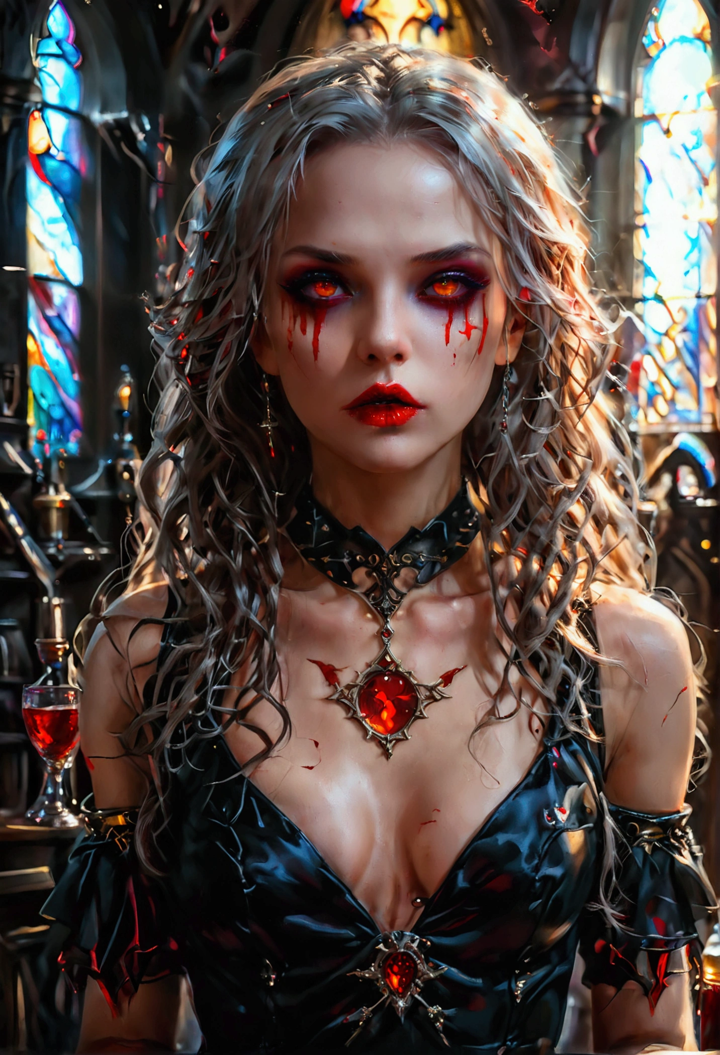 Arafed, dark fantasy art, glamour shot, award winning shot, photorealistic, a portrait of a female vampire drinking a ((glass of blood)), dynamic hair color, dynamic hair style , long hair, red lips, (glowing eyes: 1.5), dynamic eye color, dynamic color, she wears, an elegant (black dress: 1.5), catholic church and altar background, bar background, 16k, ultra detailed, masterpiece, best quality, (extremely detailed), rpg portrait, art by mooncryptowow, photograph