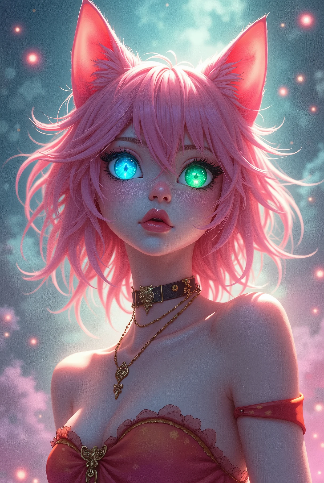 (full body of a better masterpiece: 1.5) 0.9], (catgirl full body big breasts: 1.2) (Messy pink hair: 1.1) (Xanthochromia heterochromia and blue and green eyes: 1, 2) (cat ears: 1.0) (Colored stars in the eyes: 1.0) (A radiant glow: 1.1) (thick lips: 0.9)