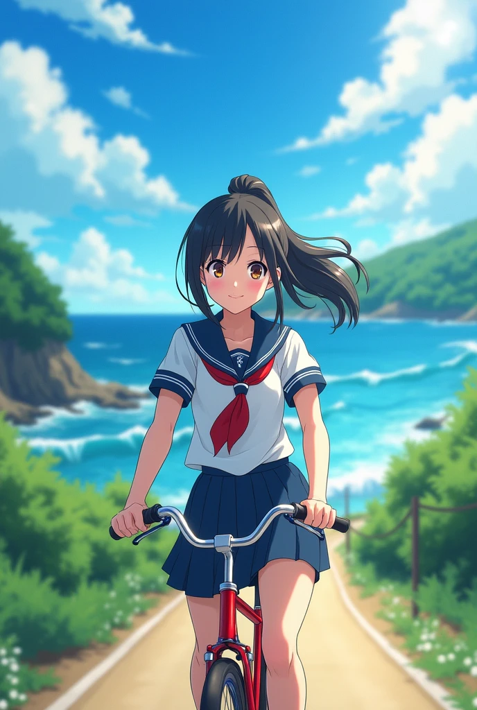 a ager girl wearing sailor uniform riding bicycle on the road with ocean view, happy face, looking at viewer, high ponytail hair, black hair, summer vibe, sunny day, windy, glitenning ocean surface, Ghibli artwork, cinematic compose, vibrant sunlight, vibrant color, vibrant environment, bokeh