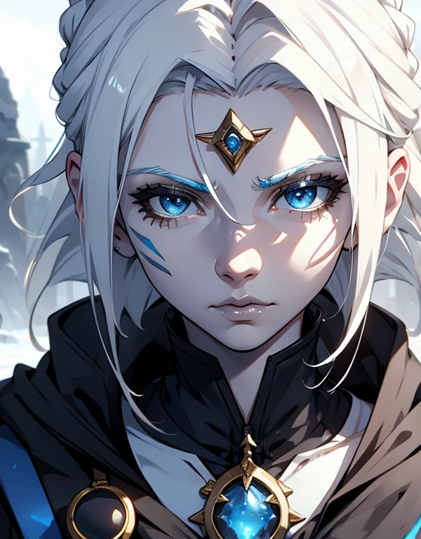 jarael, pale white skin, white hair, blue lips, facial tattoos, close up on face
