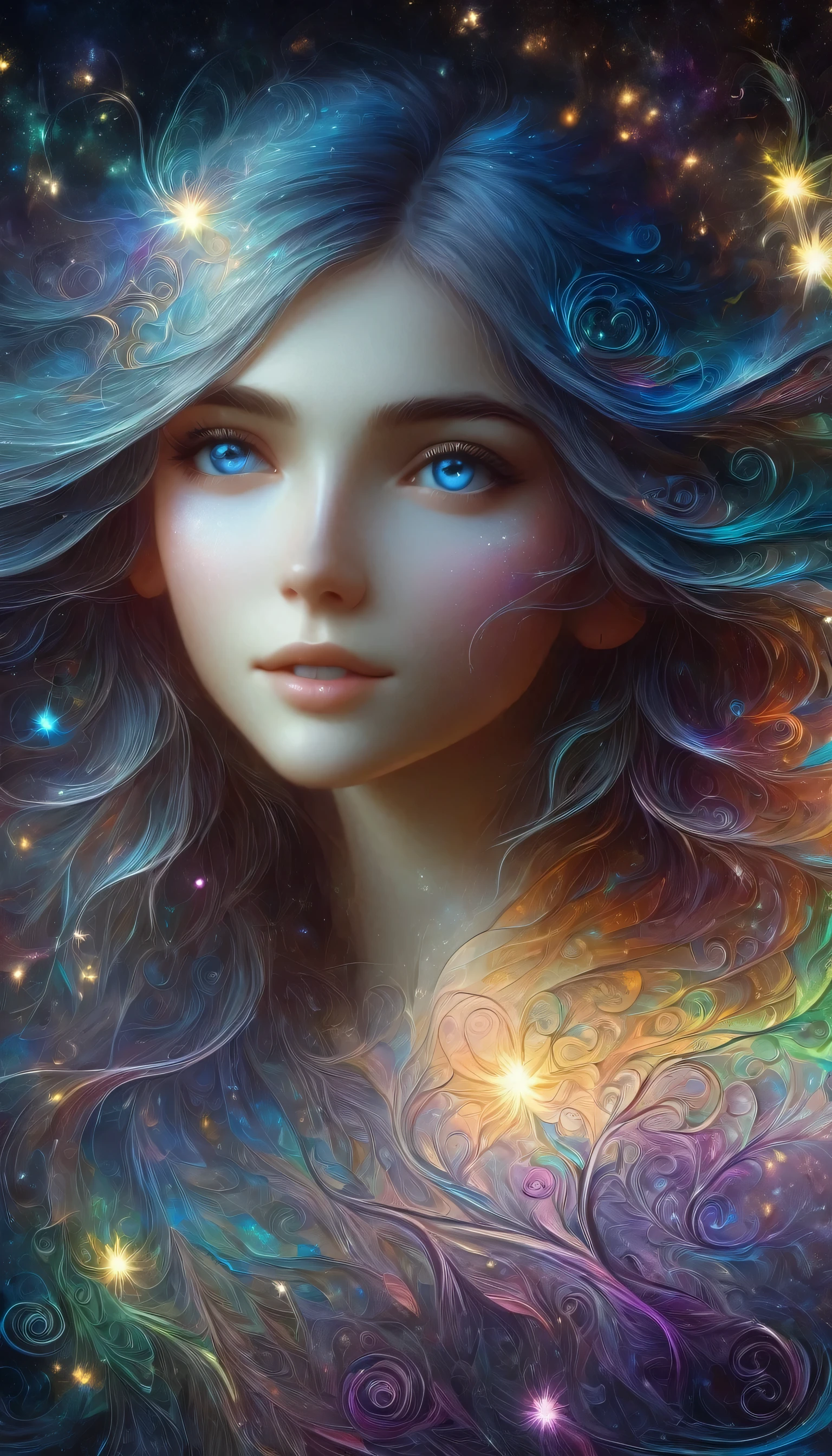 Against a cosmic background, with a shimmering aura of magic and grace, the enchanted ethereal elf gazes into the distance, her eyes shining with ancient wisdom. This digital painting captures her ethereal beauty in exquisite detail, from the delicate swirls of her iridescent wings to the intricate patterns of her shimmering, iridescent dress. Vibrant colors and complex textures bring the mystical creature to life, drawing viewers into a world of enchantment and wonder. in HD.