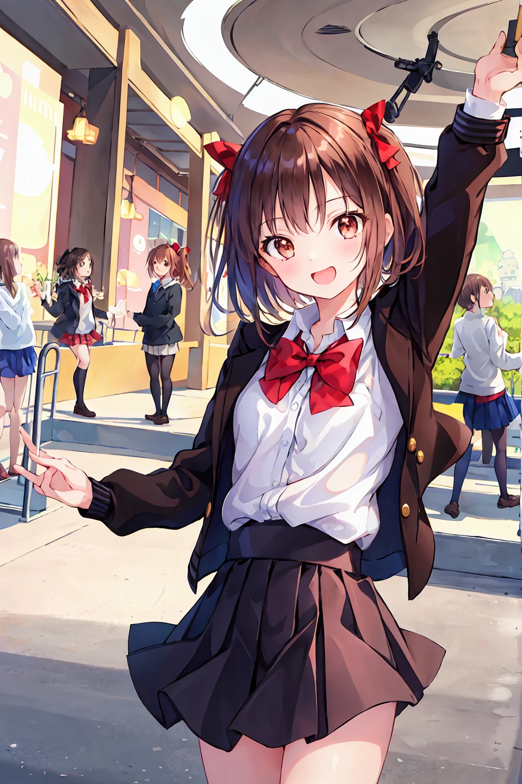 masterpiece, Highest quality, High resolution, 3 Girl, play the guitar, sing, Brown haired, Shortcuts,Fluffy hair ,The whole body is visible,Bans, Brown eyes, Mid-chest, Red bow tie, uniform, Black jacket, Open jacket, Brown cardigan, White shirt, Black Skirt, Checked skirt, Laughter, Open your mouth, Arms back, amusement park, Merry-go-round