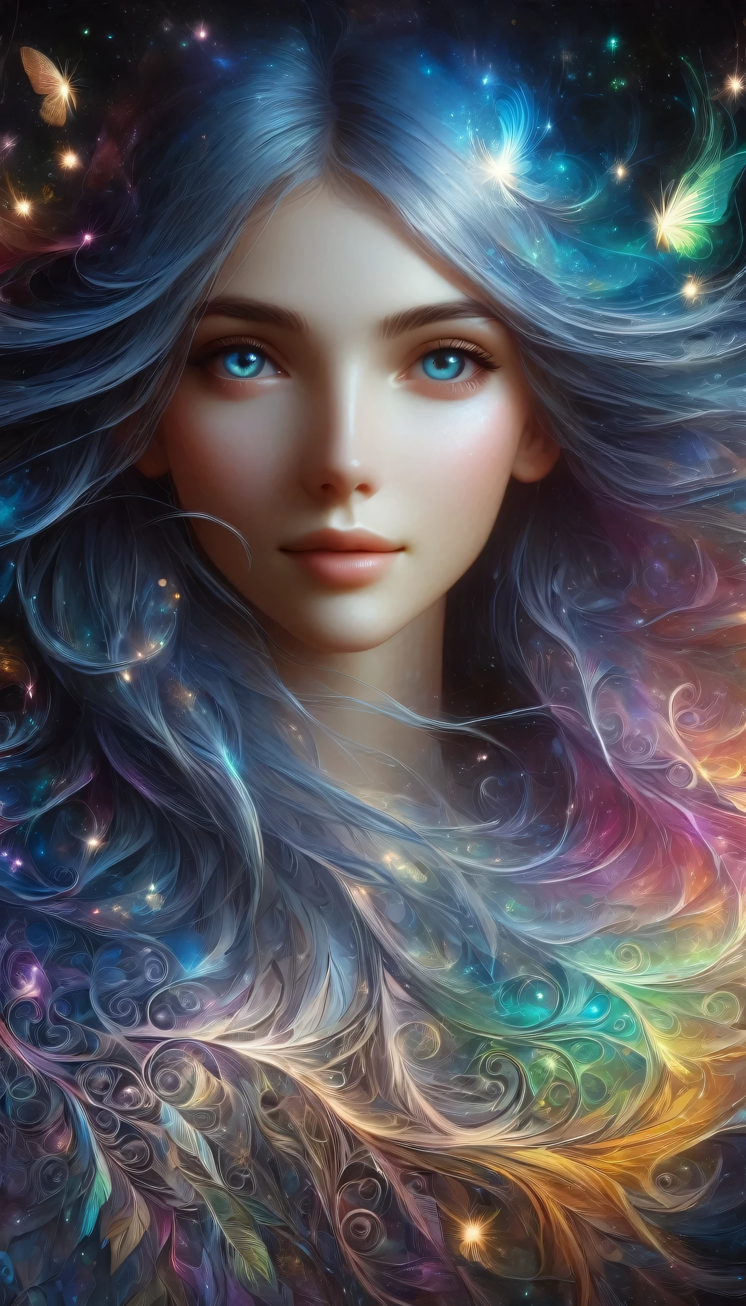 Against a cosmic background, with a shimmering aura of magic and grace, the enchanted ethereal elf gazes into the distance, her eyes shining with ancient wisdom. This digital painting captures her ethereal beauty in exquisite detail, from the delicate swirls of her iridescent wings to the intricate patterns of her shimmering, iridescent dress. Vibrant colors and complex textures bring the mystical creature to life, drawing viewers into a world of enchantment and wonder. in HD.