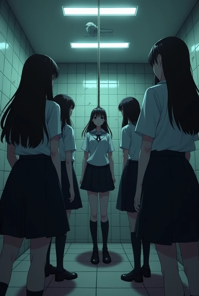 Group of school girls in black skirts and long hair hanging dead girl on ceiling by strangling her in bathroom with neck rope in anime