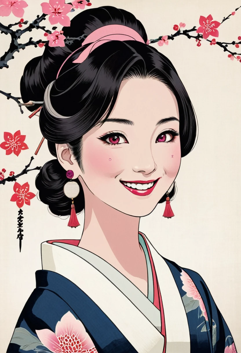 High resolution, smile, Earrings, Pink eyes, Ukiyo-e, 
