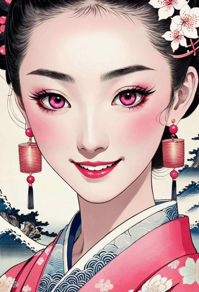 High resolution, smile, Earrings, Pink eyes, Ukiyo-e, 
