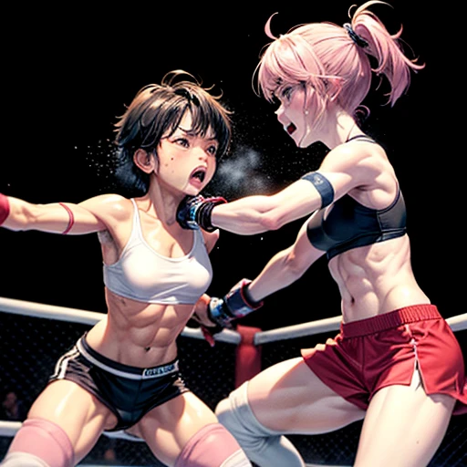 A fierce exchange of dynamic punches and kicks. they are beating each other so hard. bloody beautiful Japanese female fighters are fighting in the octagon fighting ring of arena with audience. survival battle. whole body picture. they are covered in scars and bruises. they are damaged terribry. Short-cut black hair, out of breath, drooling from mouth, one eye is closed, exhausted, drenched in sweat. Erect nipples. open finger glove. Ragged white and pink lined sports bra, high leg panty, Stockings. armwarmers. small breasts, armwarmers. Whittled waistline, muscular, sixpack abs