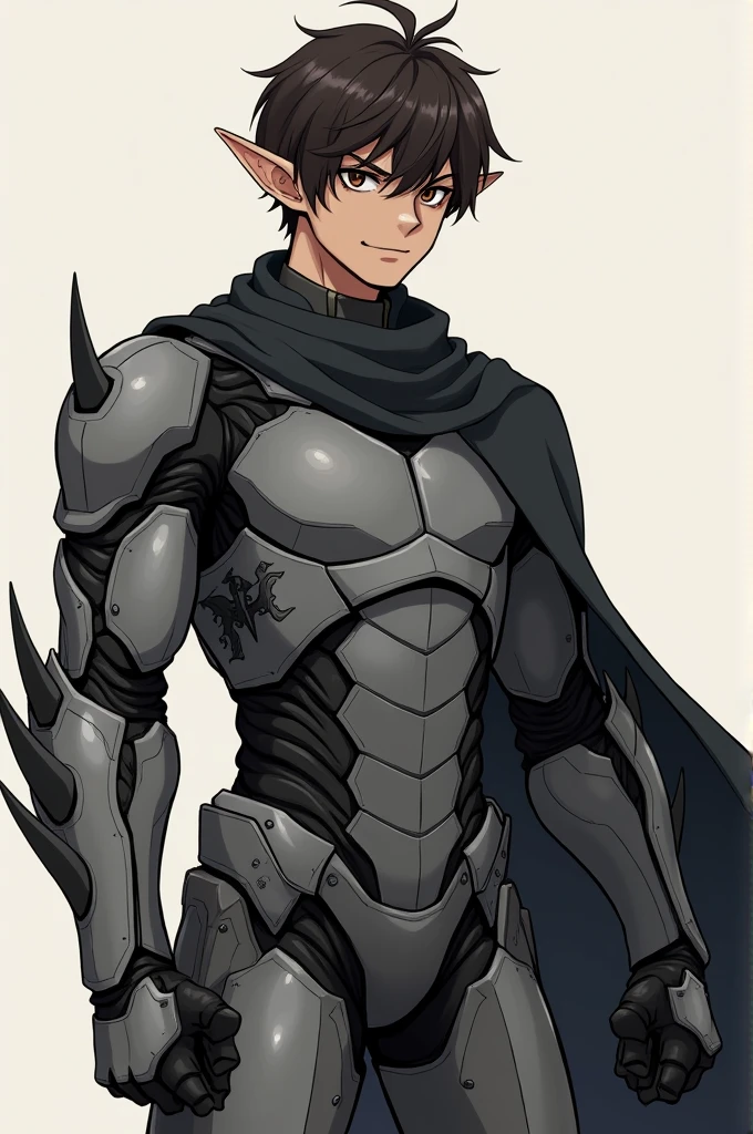 anime traits, a 19 year old man who possesses 1,65 tall, has small eyes and a serious expression with a smile on the corner of his face and sharp teeth, I have brown skin and brown eyes., big and messy hair, He has elf ears., wears gray armor with black details, The armor is inspired by Iron Man's suit with details from Batman's costumes.