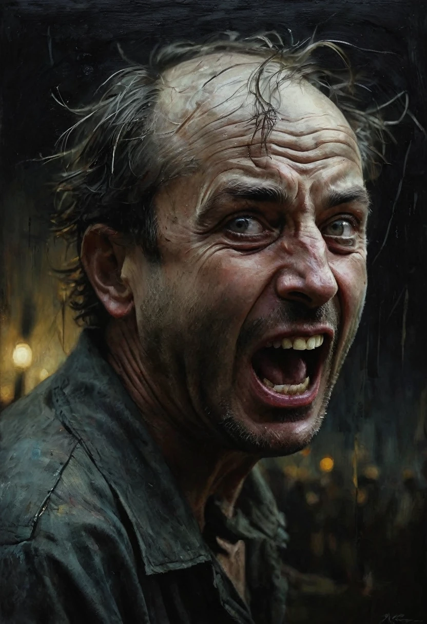 Village. A village man, drunk, slanted eyes, distorted face, shouting something, fool. Dark Ambient Dark Fantasy. best quality, oil painting, thin flowing lines, wax, long strokes, light delicate shadows, + 36.5mm f0 cinematic quality, + style by Jeremy Mann, Peter Elson, Ryohei Hase, Raphael Sanzio, Pino Daeni, Charlie Bowett, Albert Joseph Penod , Ray Caesar,
