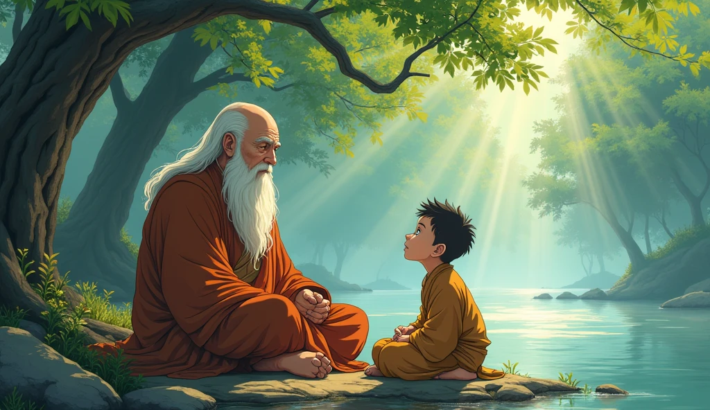 Old monk master sitting with his young monk master beside riverbank and master monk telling story to student, trees, beautiful scenario, in anime style,