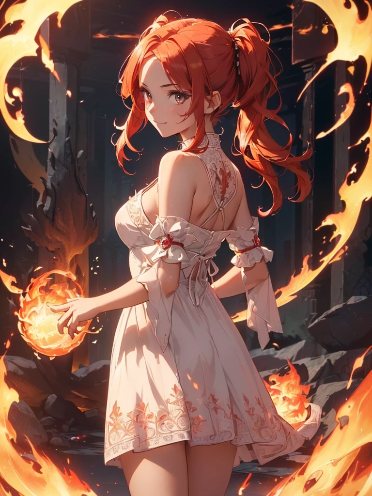 (((best quality, sharp image, clear image, cinematic lighting, 8k resolution, masterpiece, ultra detailed, intricate))) Girl, (((looking over right shoulder))), (shot from behind), ((half shot)), fiery red hair, pigtails, ((white dress)), ((flaming sigils, flaming runes)), spiky rock formations, (flaming lotus flowers frame), (intricate background), ((Phoenix)), (swirling flames), smiling