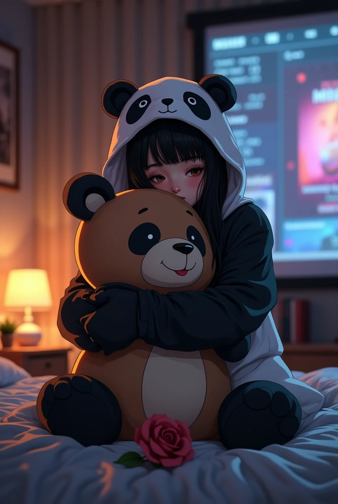 (photorealism:1.2), brown
indian woman, sitting on bed, wearing loss panda custum and tightly hugging a big teddy bear, long black straight hair, indoors, soft lighting, big movie theatre screen in background, room, relaxed pose, realistic anime , intricate details, dark colors. And single Rose beside her