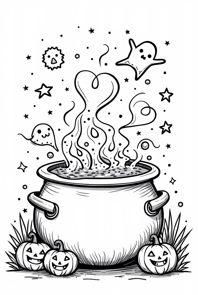 Cute and kawaii halloween magic potion cauldron coloring Page, simple for toddlers, bold and easy, black bold lines White background, for a coloring book black and white, líne art, only outlines but the design is simple and bold, no greyscale