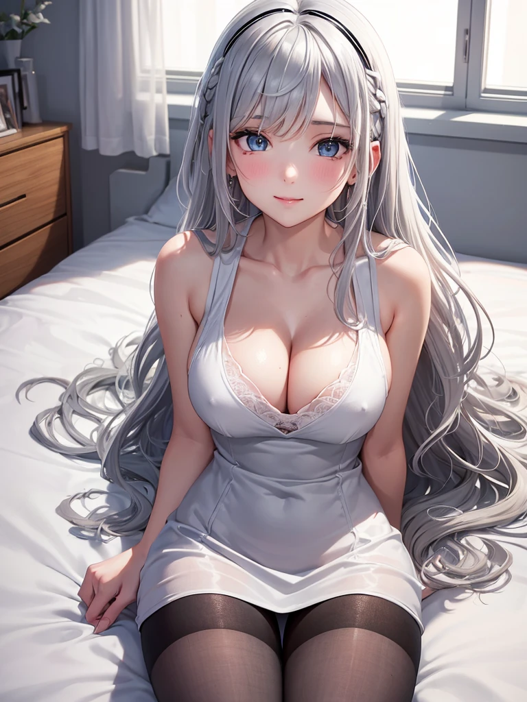 1Girl. Anime,Attractive body, nice body, nice legs, slim tights, nice arms, nice shoulders. (Cleavage, Breast:1.2). Beautiful, Gorgeous, ager, Fresh, Young. blue eyes. - Hairstyle: Blunt Bangs. - Hair Color: (White Grey Hair:1.5), (Straight and Wavy Long Hair:1.3) shirt, sweater. lying on bed, sleep on bed:1.3) Waiting, Want Something, Secretly. Earrings, Thin Black Headband, Green Accessories, Environmental Details:, - Setting: Bed Room., - Lighting: Natural Light., - Decoration: Modern Bed, Chair, Window, White Curtain, City View. Top view. pov, anime style, UHD, retina, masterpiece, accurate, anatomically correct, textured skin. High Resolution, Looking at viewer, Blush, Best Quality, Award Winning, Accurate, Embarrassed, Seductive Smile.