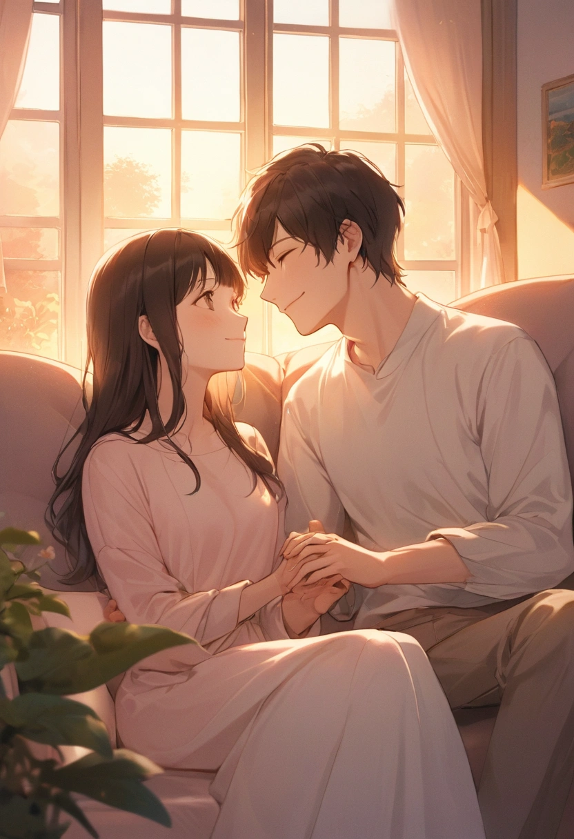 "Create a charming and peaceful image of a couple sitting together inside a cozy living room at sunset. The couple is seated on a comfortable sofa, holding hands and smiling at each other warmly. The room is softly lit by the golden glow of the sunset, coming through large windows with views of a beautiful garden outside. The atmosphere is warm, intimate, and inviting, with soft pastel tones and gentle lighting creating a serene, loving vibe. The style should be minimalist yet expressive, focusing on the harmony and joy of the couple as they share a quiet moment together, surrounded by a peaceful environment."