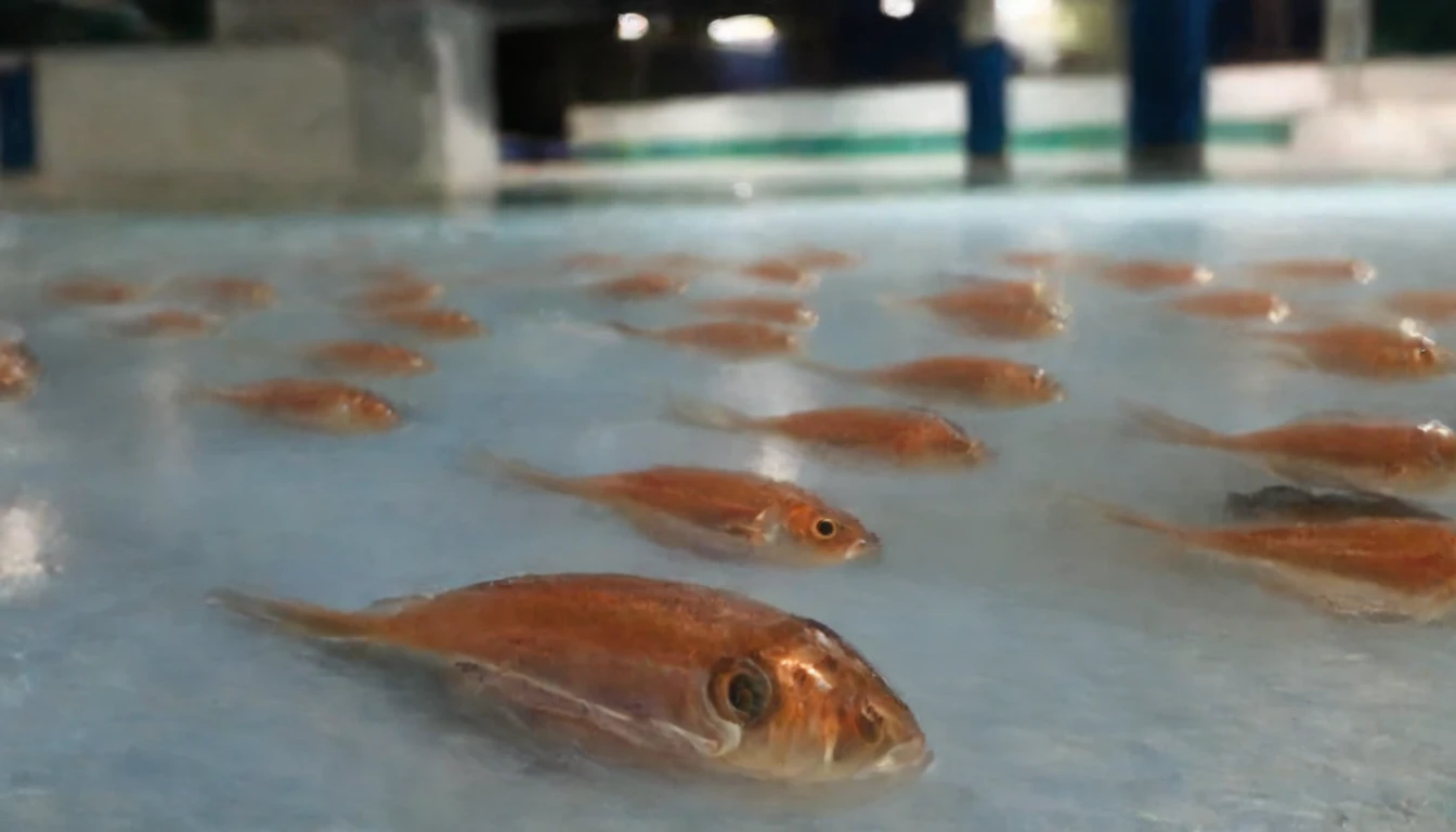 high resolution、A large number of fish are dead in the skating rink.、Horror