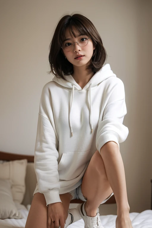 (Highest quality, High resolution, masterpiece :1.3), Beautiful adult woman, ((Bedroom Background)), (Wearing a big white hoodie, Wear a miniskirt, Round Glasses), (loose wavy bob hair), ((Accurately express the fine details of the face and skin texture)), Crouching pose, avert your eyes,