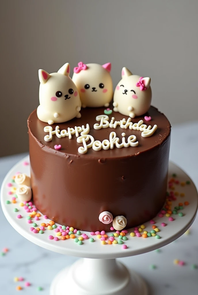 A full chocolate flavoured cake writing "happy birthday pookie" on the top using white chocolate cream. Make a simple cute couple cartoon on the cake