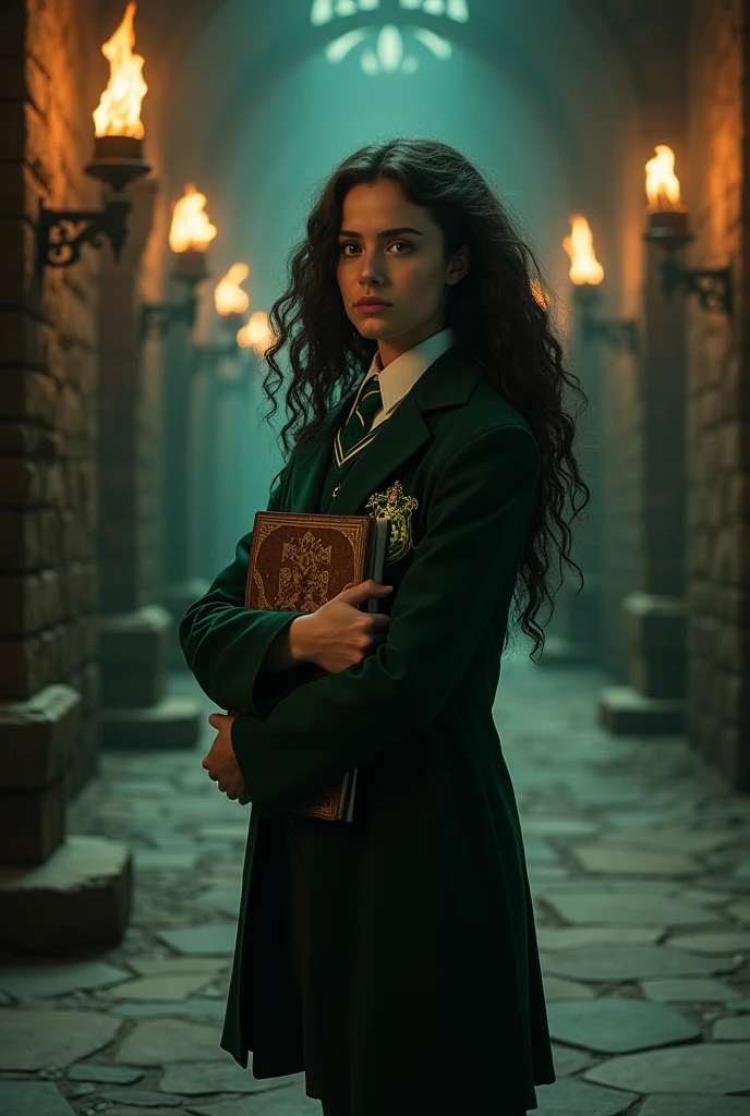 A girl with long, curly black hair wearing a Slytherin uniform.