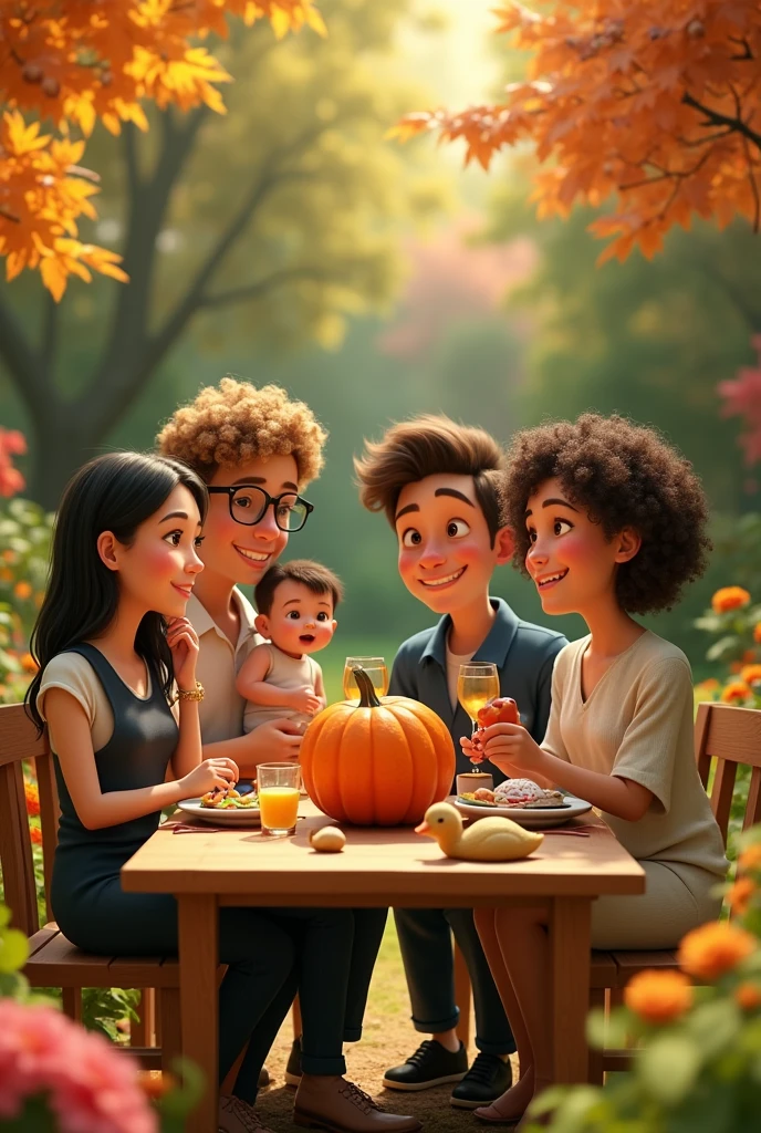 tries to create an image with two women and two men, A woman wearing glasses, thin with black hair next to a thin man with brown hair with short little curls and a baby in his arms. The other man a bit fat,blonde curly hair with marks on the face, the other woman brunette with black hair with very small snails. Garden setting having dinner at the table with a pumpkin and a duck on the table. Pixar-style