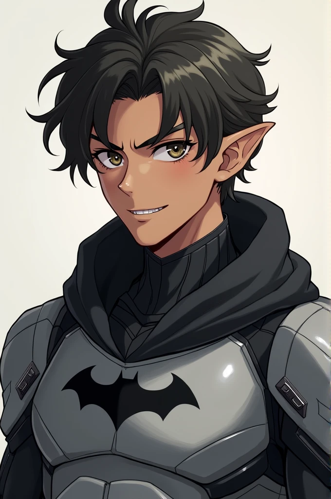 anime traits, a 19 year old man who possesses 1,65 tall, has small eyes and a serious expression with a smile on the corner of his face and sharp teeth, I have brown skin and brown eyes., big and messy hair, He has elf ears., wears gray armor with black details, The armor is inspired by Iron Man's suit with details from Batman's costumes.