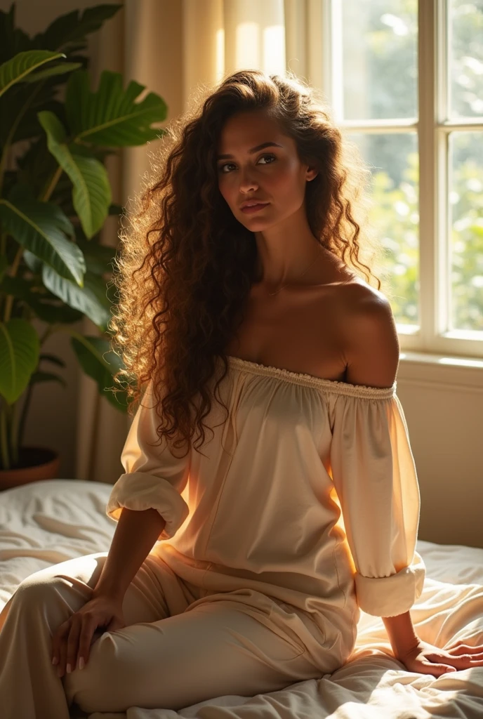 (photorealism:1.2), beautiful woman, sitting on bed, wearing loose off-shoulder top, pajama pants, long curly hair, indoors, soft lighting, plants in background, window with sunlight, cozy room, relaxed pose, realistic, intricate details, warm colors, by Greg Rutkowski, by Alphonse Mucha