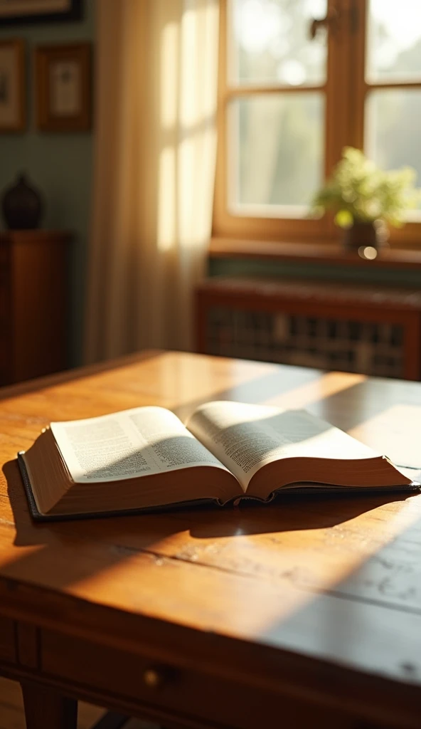 "A simple, well-polished wooden table, with an open Bible resting upon it. The Bible is situated in the background of the image, with soft, warm sunlight falling upon its pages, highlighting the words and creating a subtle glow effect. The surrounding environment is welcoming and illuminated by natural light streaming through the window, with the background blurred to keep the focus on the Bible."
